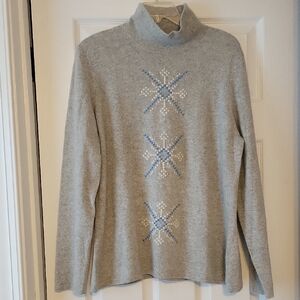 Lands' End Gray Cashmere Turtleneck Sweater with Snowflakes